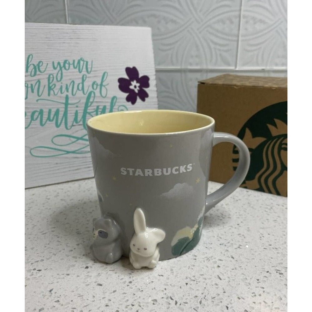 Starbucks Fuzzy Bunny & Racoon Twinkling Night Gray Ceramic Mug, 14oz - Taiwan